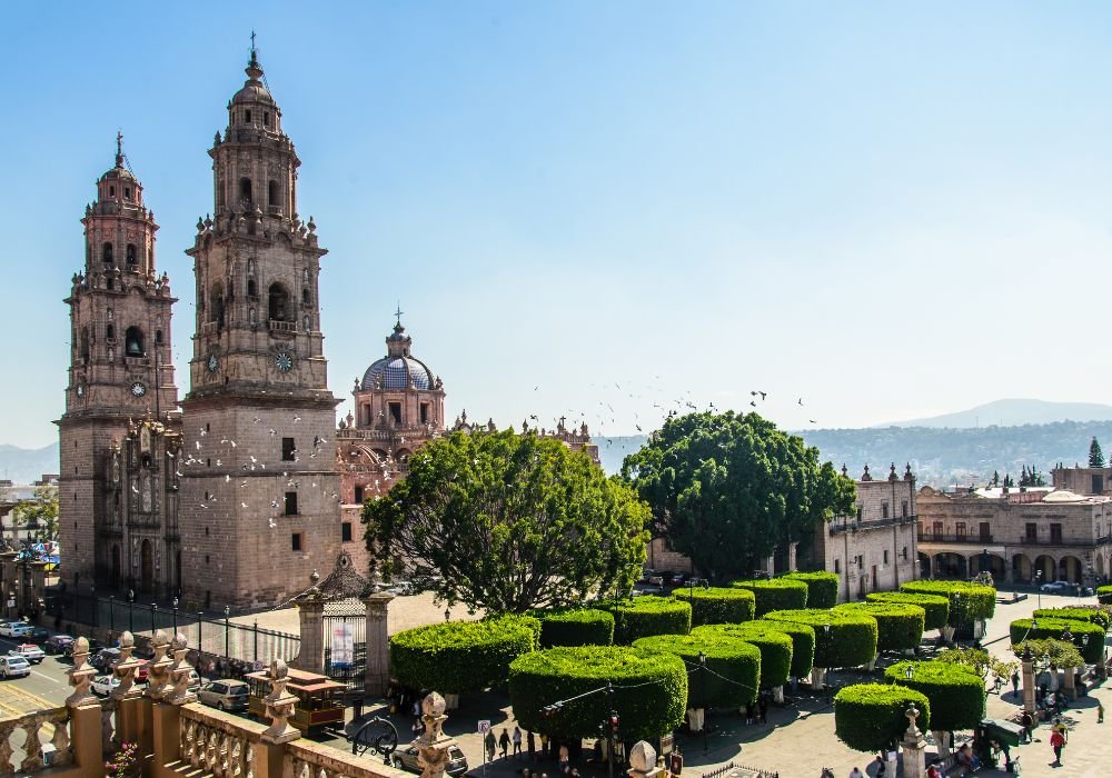 High point of view of Morelia Cathedral and town square.