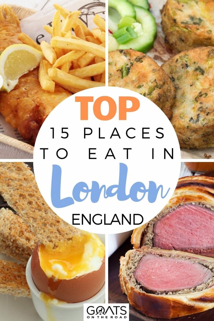 If you are traveling to England but aren't quite sure what to eat, here is the ultimate foodie guide to the top 15 places to eat in London, England! Which traditional British dishes should you try, and where can you find them! Full English breakfast, fish and chips, jellied eels, gluttonous puddings, and much more! | #england #food #uktravel