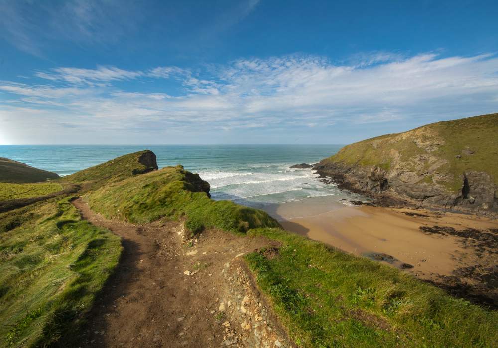 Beautiful blue sky over the stunning Beacon beach in Newquay, Cornwall.