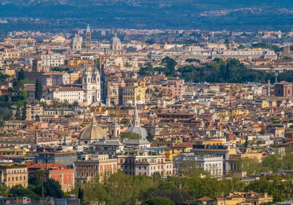 Panoramic view from the Zodiaco Terrace in Rome with Trinità dei Monti. Rome, Italy.