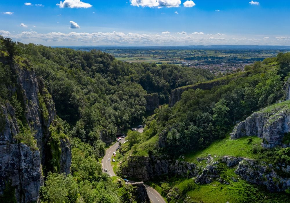 Aerial view of Cheddar Gorge and the surrounding area.