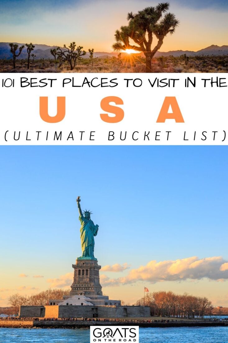 Are you ready for the ultimate USA road trip? Our list of the 101 best places to visit in the USA has everything you need to plan the adventure of a lifetime! Explore iconic landmarks like the Grand Canyon and the Statue of Liberty, or discover hidden gems like Joshua Tree National Park and Charleston, South Carolina. Whether you're looking for natural wonders, bustling cities, or charming small towns, we've got you covered! So grab your map, pack your bags, and get ready for an unforgettable journey across the USA! | #USAtravel #travelguide #vacationideas