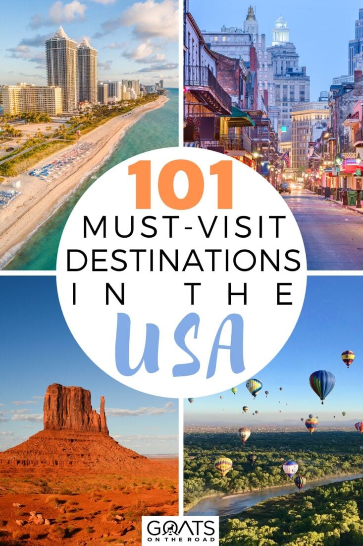 Are you ready to discover the beauty and diversity of the USA? Our list of the 101 must-visit destinations in the USA will take you on a journey through this amazing country! Experience the vibrant culture of New Orleans, hike through the stunning Rocky Mountains, or relax on the white sand beaches of Florida! With something for every type of traveler, our guide is your ticket to an unforgettable USA adventure! | #USAtourism #exploreUSA #travelinspiration #roadtripUSA #travelgoals