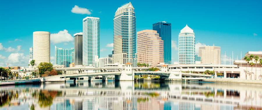 Miami, FL sea and buildings with reflection on the water