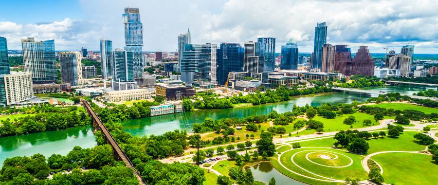 Aerial view of Austin, TX and parks