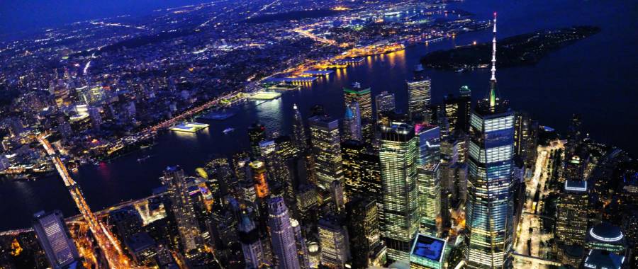 Skyline from above New York City at night