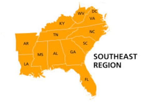 United States, geographic regions, colored political map. Five regions, according to their geographic position on the continent. Common but unofficial way of referring to regions of the United States.