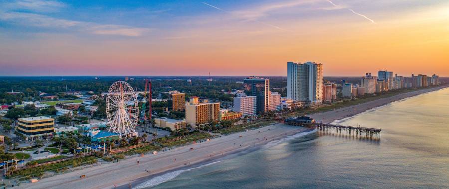aerial view of Myrtle Beach, SC at sunset