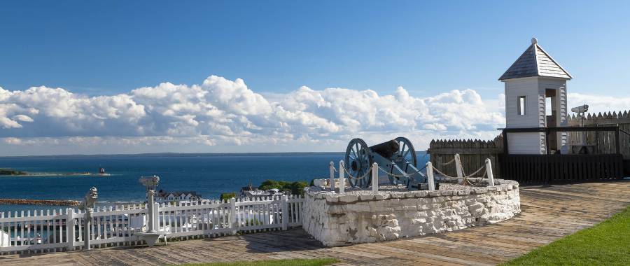 Fort Mackinac view with ocean and cannon
