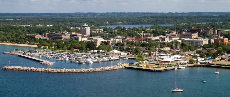 Aerial coastal view of the harbor in Traverse City, MI