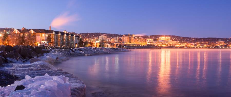 Duluth, Minnesota icy lakeside sunset view