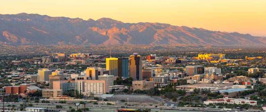 skyline view with mountains in the background at sunset in Tucson AZ