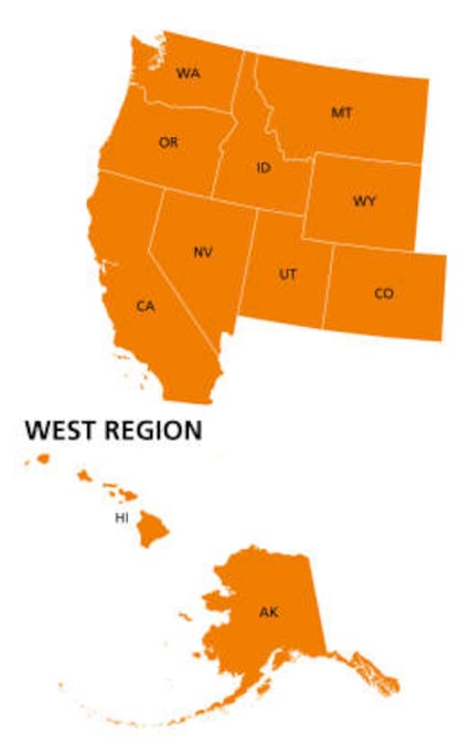 United States, geographic regions, colored political map. Five regions, according to their geographic position on the continent. Common but unofficial way of referring to regions of the United States.