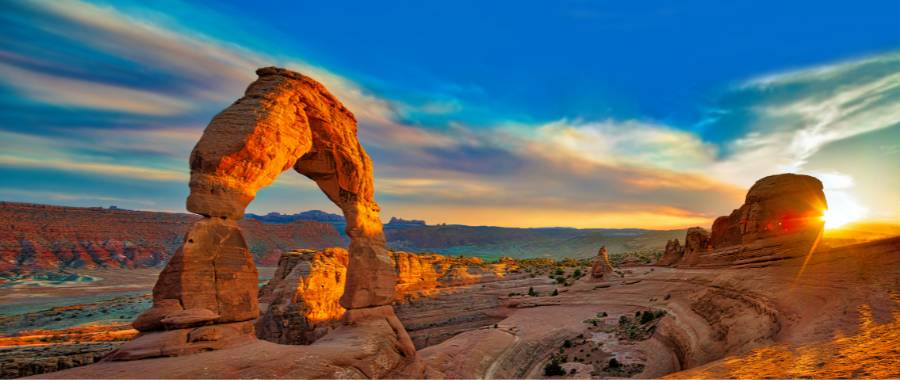 view at sunset of the arches at Arches National Park, UT