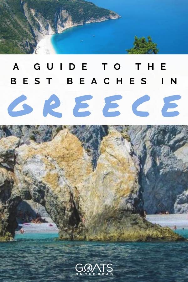 Rocky beach in greece with text overlay