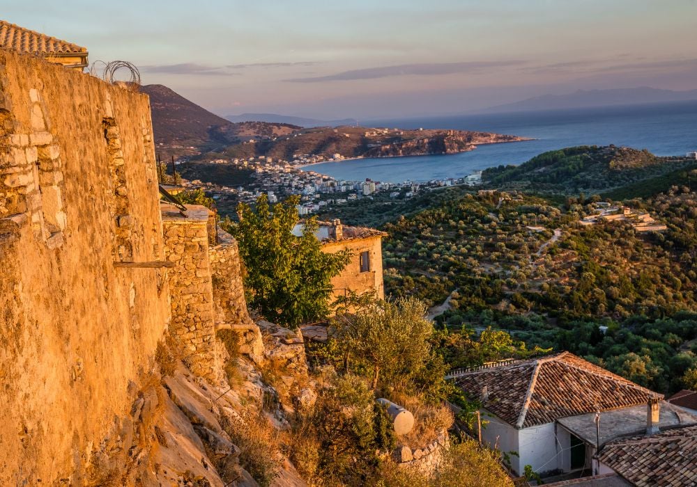 A stunning view from the Castle of Himara at sunset in Vlore.