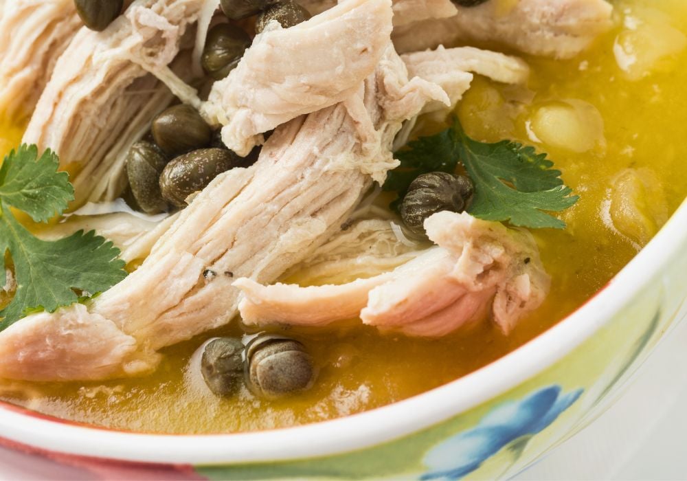 A close-up of a Colombian chicken potato soup