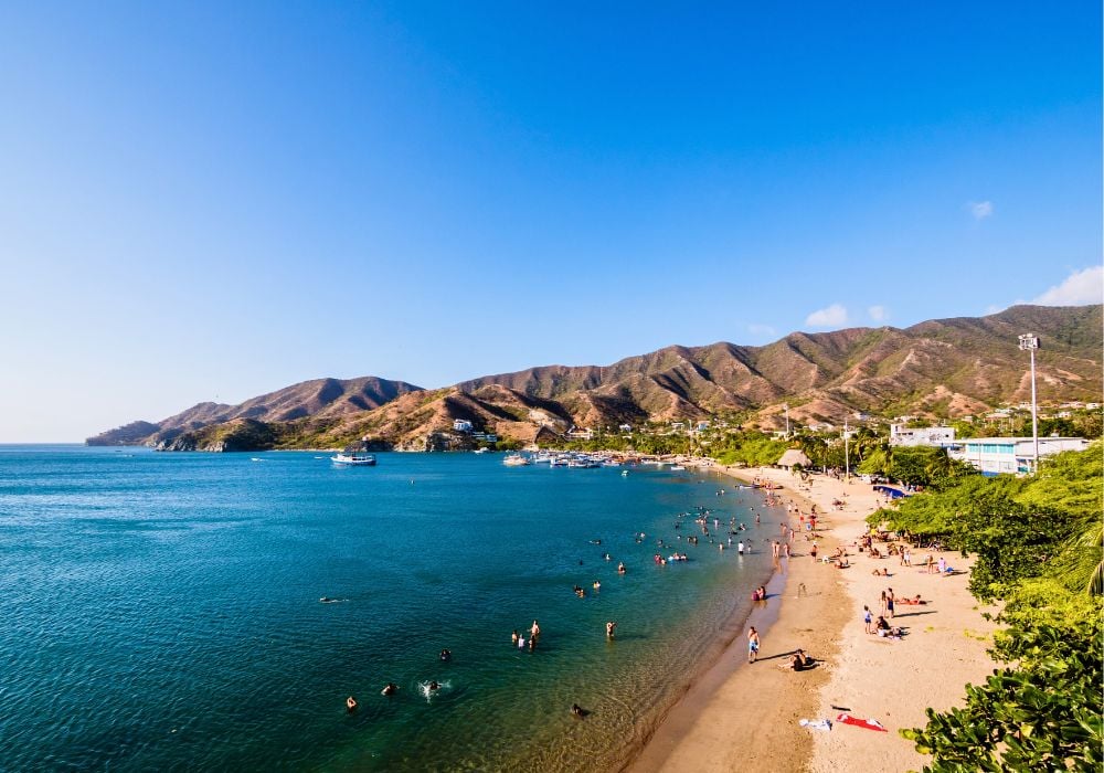 The beautiful coast of Taganga Beach in Santa Marta, Colombia