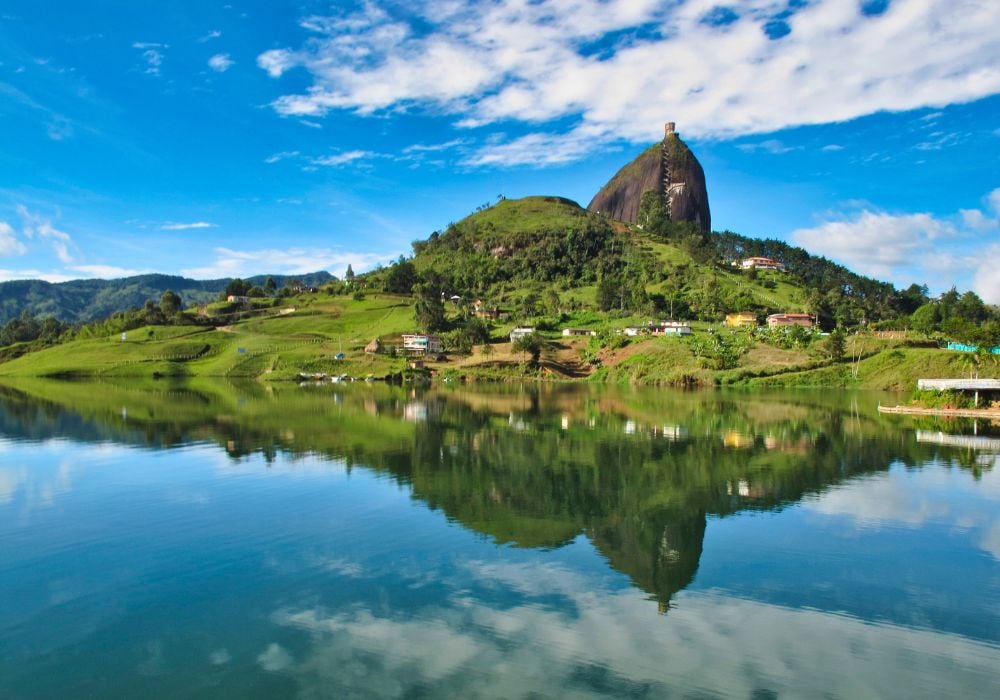 A giant monolith in Colombia by a lake of El Peñol in Guatapé