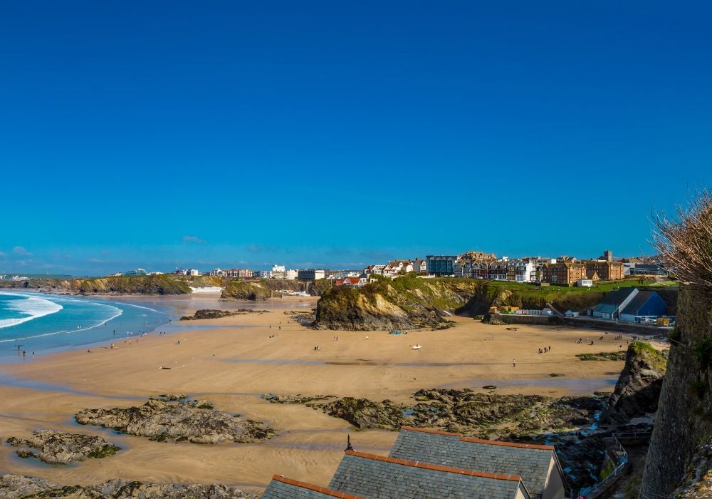 Panorama of the coastline at Newquay in Cornwall.