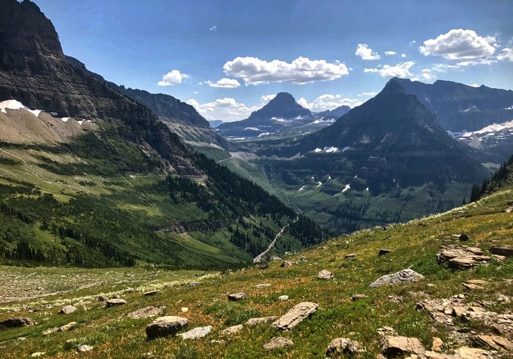 A view of stunning mountains from the High Line Trail in Glacier National Park, Montana.