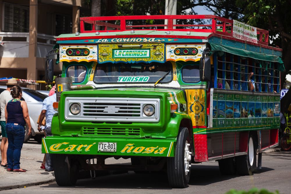 A colorful Chiva bus in Cartagena