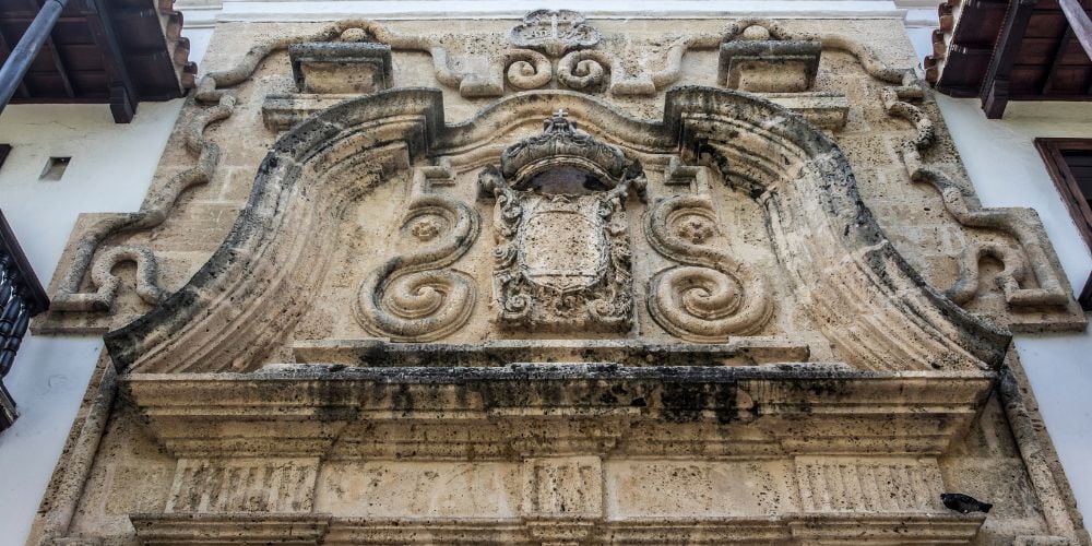 The elaborate facade of the Palace of the Inquisition in Cartagena