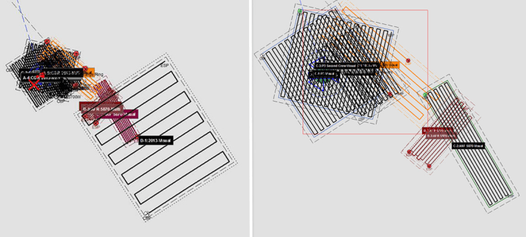 Left: Completed searches for the Titan, as of Wednesday afternoon. Right: Search patterns used in the search for the Titan, as of Tuesday.