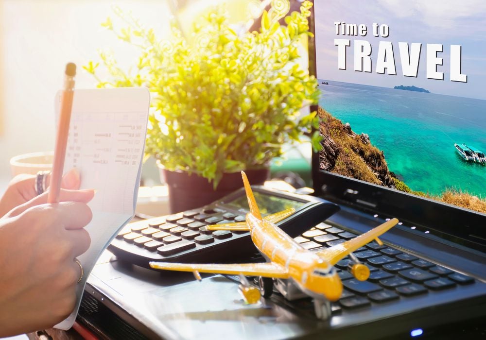 A young woman, holding a pencil, with concepts of travel planning.