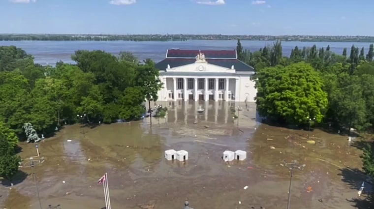 The flooded central square of the Russian-controlled Nova Kakhovka today. 