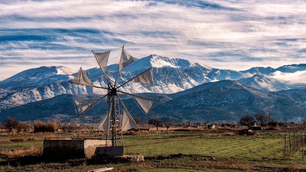 Lasithi, Crete island, with windmills and mountains