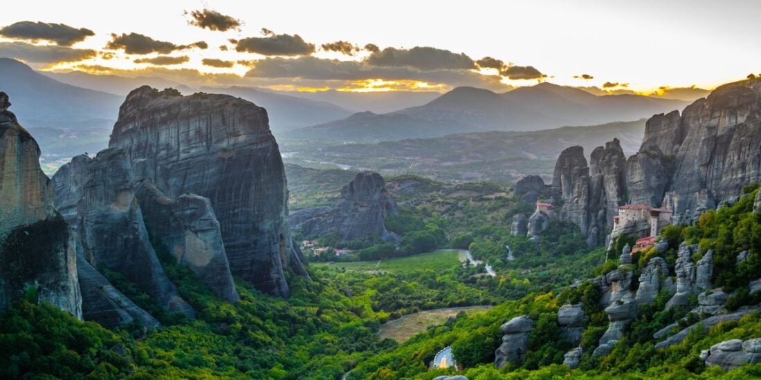 Roussanou Monastery in Meteora greece at sunset