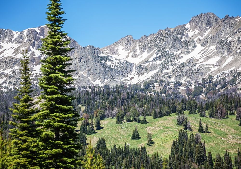 A beautiful glacier mountain landscape in the largest skiing resort in the United States in the Rocky Mountains, Big Sky.