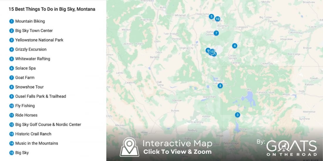 a clickable map showing the best activities and things to do in beautiful Big Sky, Montana (MT)