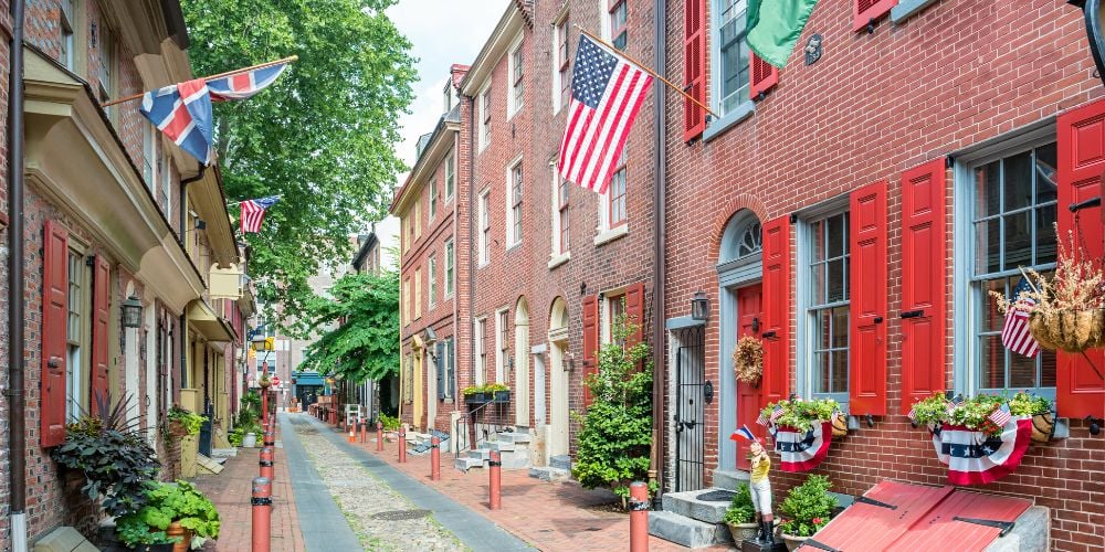 Red-brick homes in Elfreth's Alley in Philadelphia