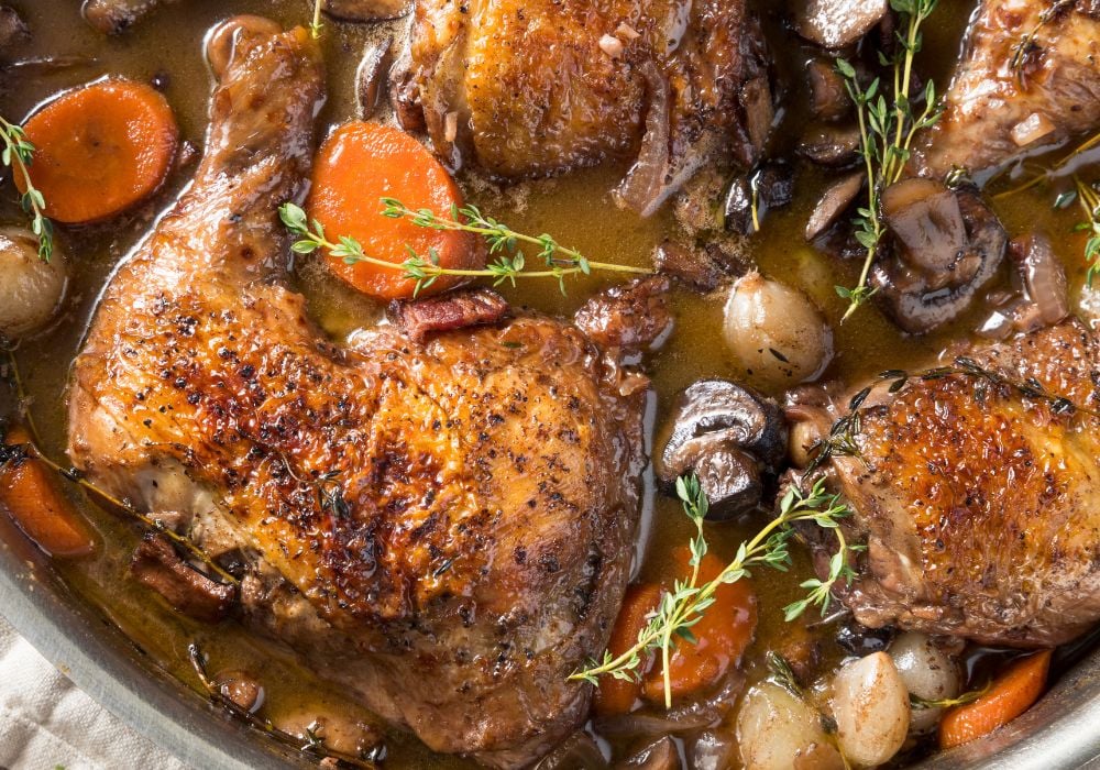 A delicious French Coq Au Vin chicken, a popular food in France