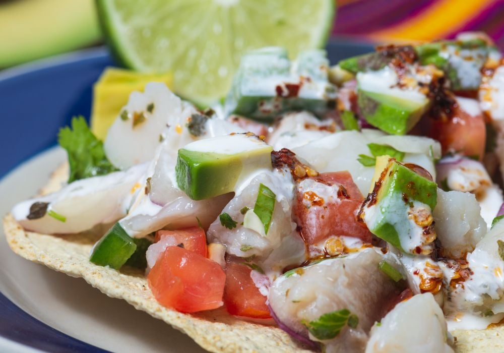 Mexican fish ceviche marinated in lime juice with raw onion with crispy fried tortillas