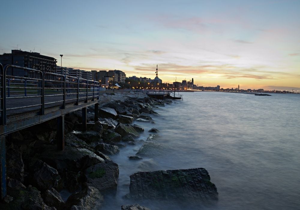 A long exposure at sunset in Pane e Pomodoro beach in Bari, Apulia, Italy