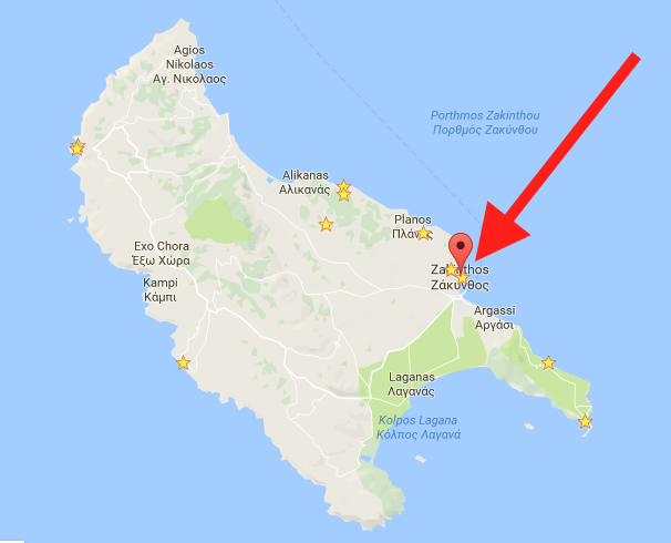 A map of Zakynthos Island. There are many things to do in Zante Zante Town.