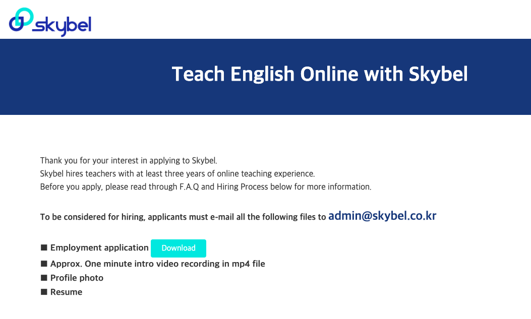 The home page of Skybel, a place to teach English online to Korean students