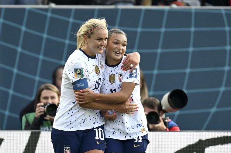 United States' Lindsey Horan, left, celebrates with United States' Sophia Smith after scoring her side's 3rd goal during the Women's World Cup Group E soccer match between the United States and Vietnam at Eden Park in Auckland, New Zealand, Saturday, July 22, 2023.