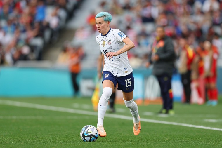 AUCKLAND, NEW ZEALAND - JULY 22: Megan Rapinoe of USA controls the ball during the FIFA Women's World Cup Australia & New Zealand 2023 Group E match between USA and Vietnam at Eden Park on July 22, 2023 in Auckland, New Zealand.