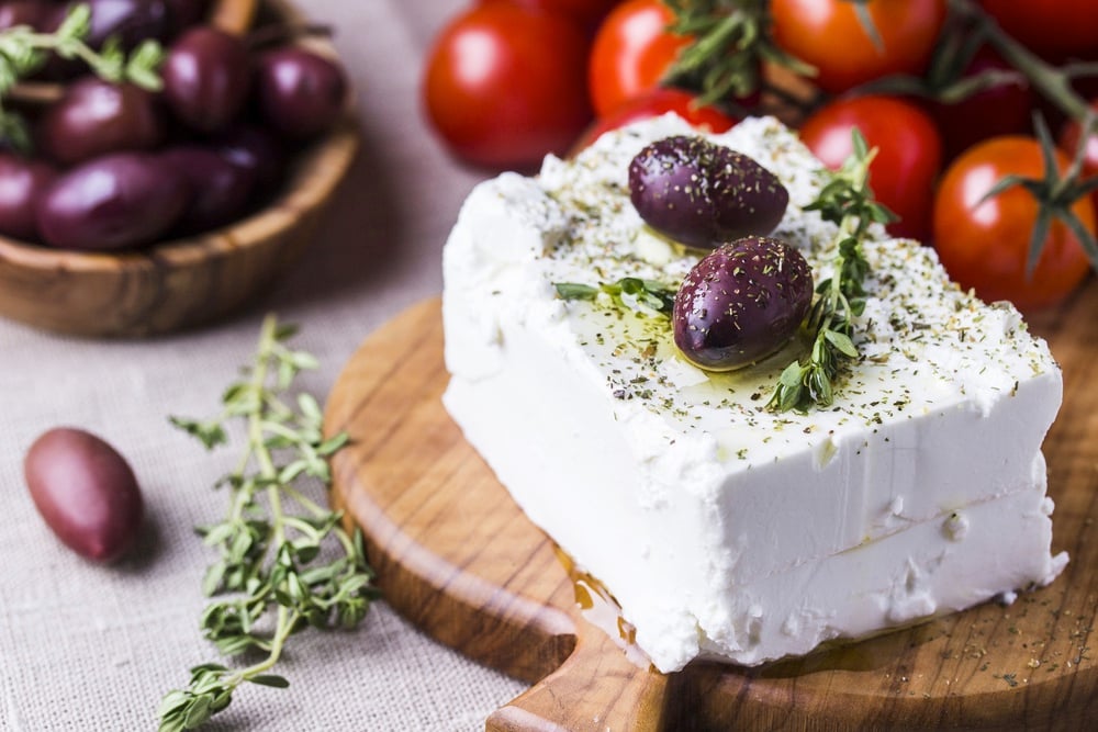 Feta cheese with olives in Greece. Greek food in one of the best food countries