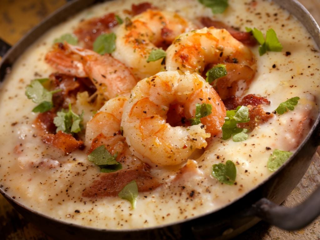 shrimp and grits in a pan