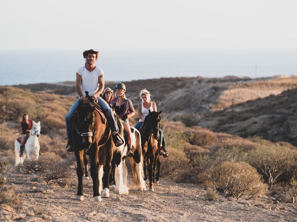 people riding horses in the desert