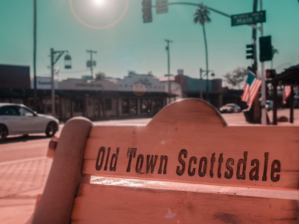 bench with old town scottsdale on it