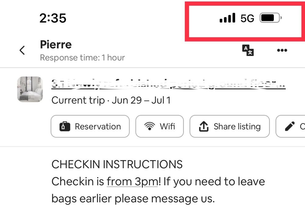 airbnb listing showing 5G coverage with an eSIM