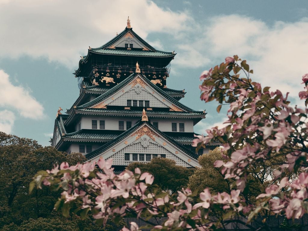 the osaka castle with flowers in the foreground