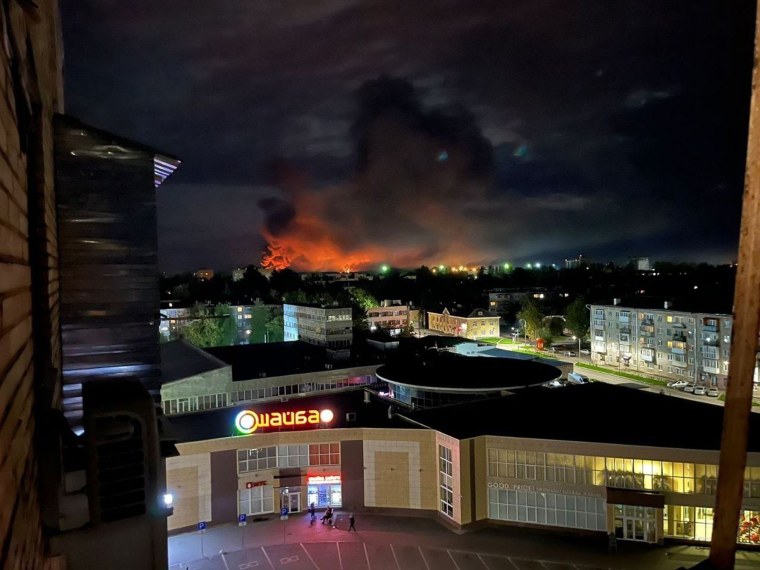Smoke billowed over the city of Pskov, Russia on Tuesday night.