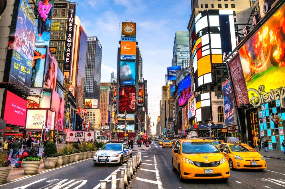 times square and taxis in new york weekend